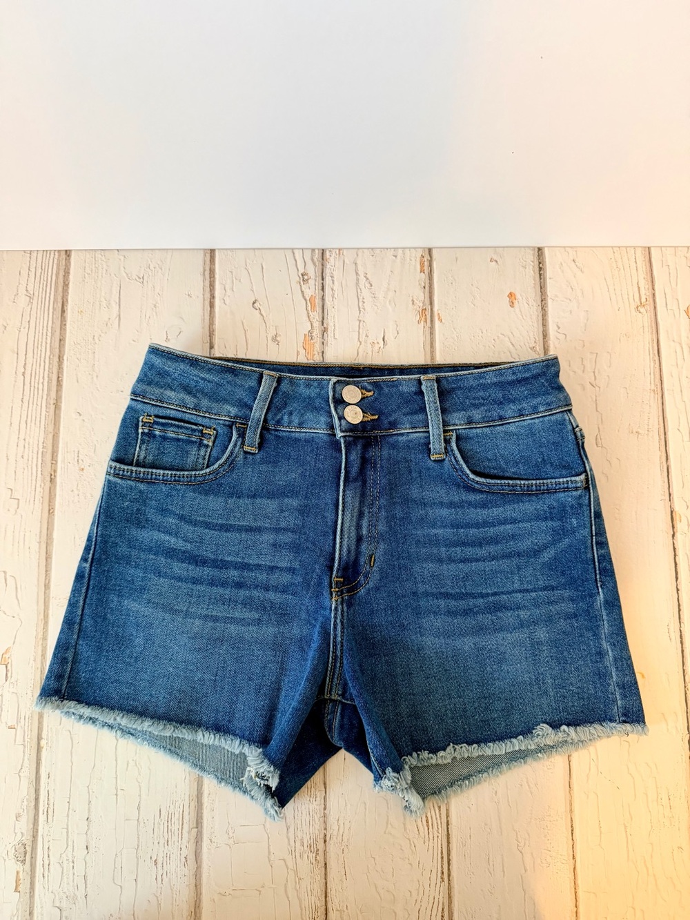Just Black Medium Wash Double-Button Frayed Hem Jean Shorts